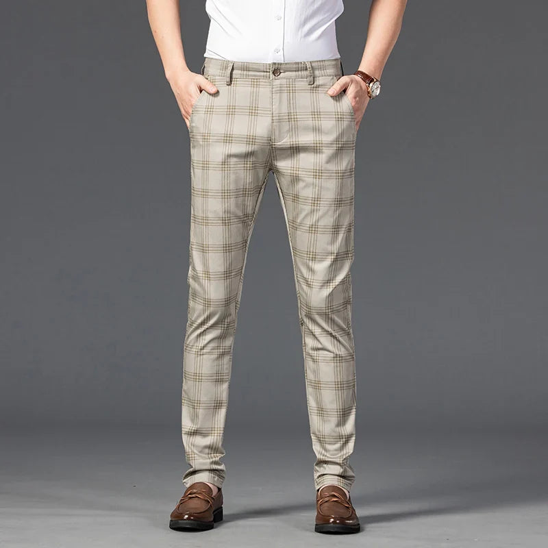 Modern men's slim fit plaid trousers, a fashion-forward choice for a smart casual wardrobe.