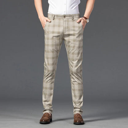 Modern men's slim fit plaid trousers, a fashion-forward choice for a smart casual wardrobe.