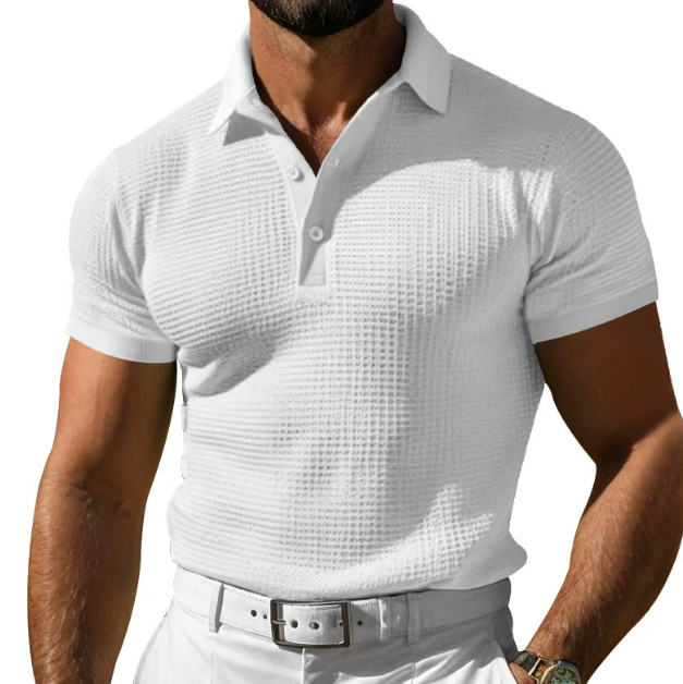 Men's slim fit polo shirt with a stylish textured point collar, perfect for smart casual summer fashion.