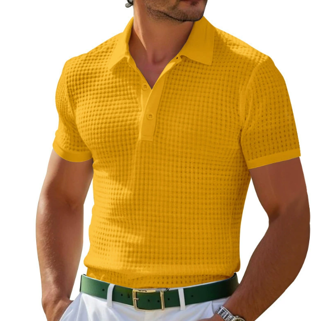Versatile men's slim fit polo shirt, comfortable short sleeve design with a textured collar for smart casual wear.
