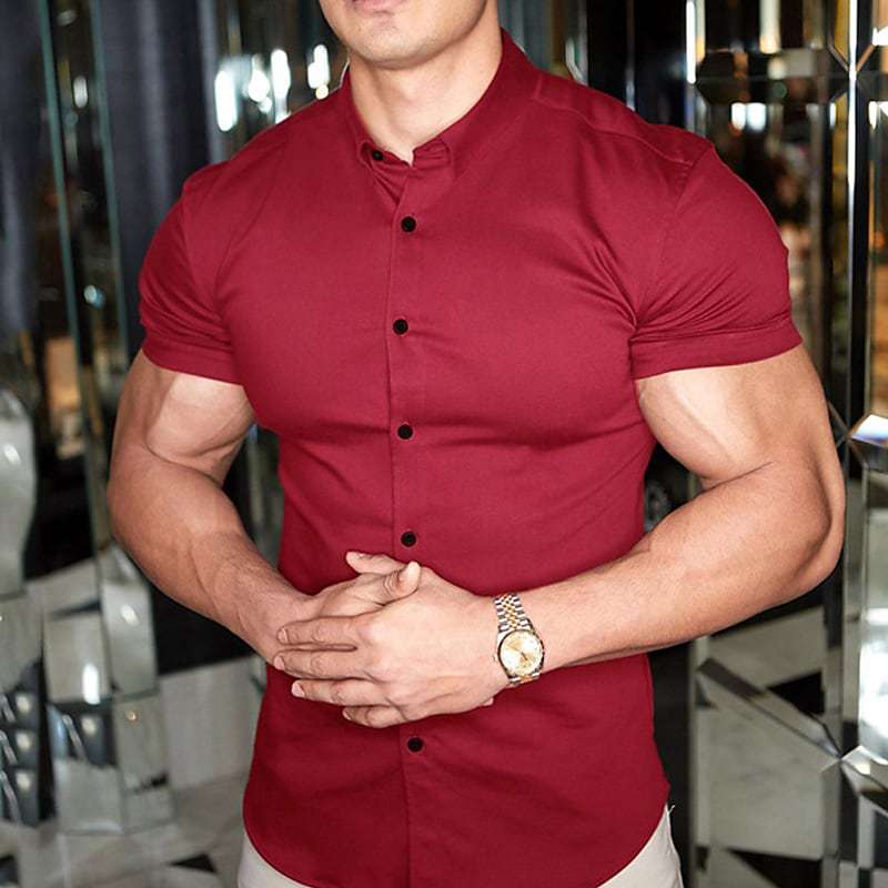 Men's slim fit short sleeve casual shirt, lightweight and versatile for summer style.