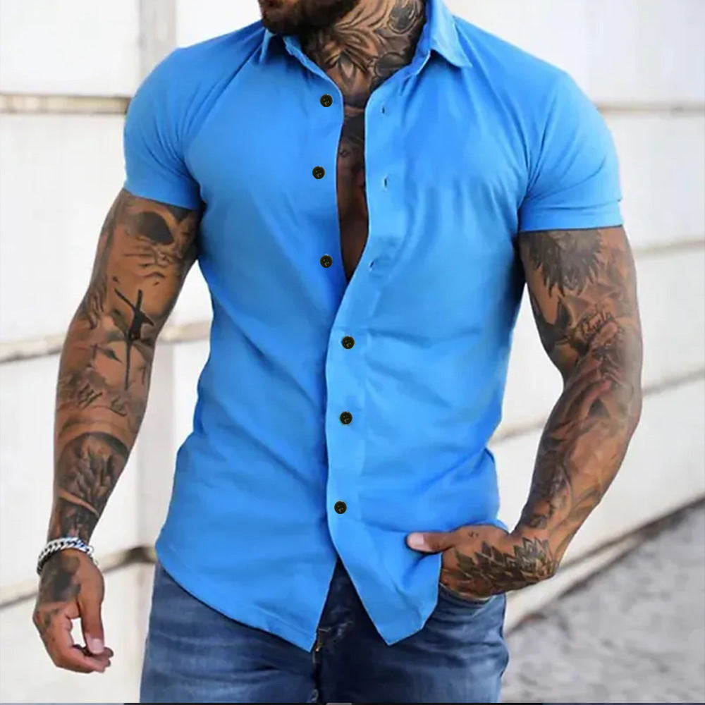 Smart casual men's slim fit short sleeve shirt, lightweight for effortless modern style.