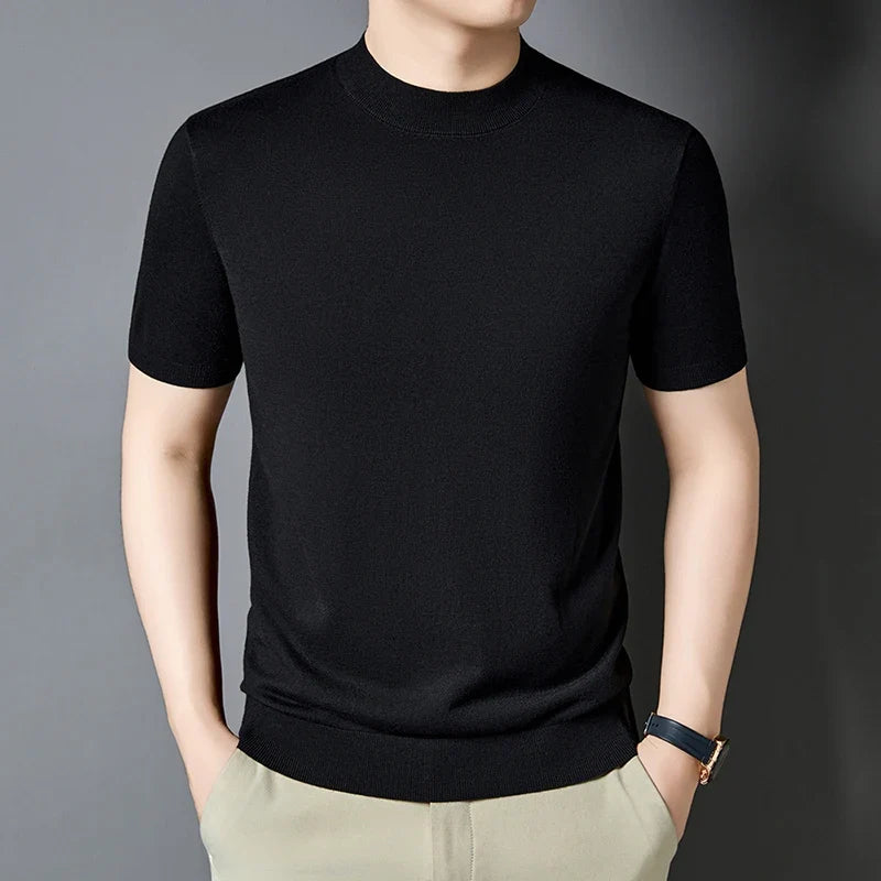 Men's Slim Fit Short Sleeve Mock Neck Casual T-Shirt for modern everyday wear.