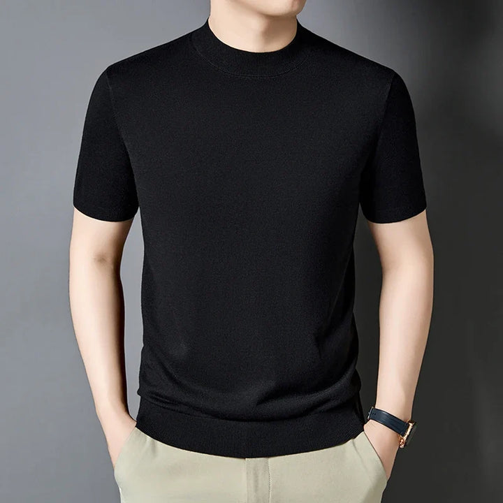 Men's Slim Fit Short Sleeve Mock Neck Casual T-Shirt for modern everyday wear.