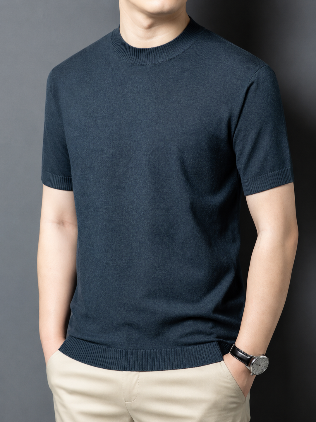 Modern men's casual short sleeve t-shirt, featuring a slim fit and elegant mock neck.