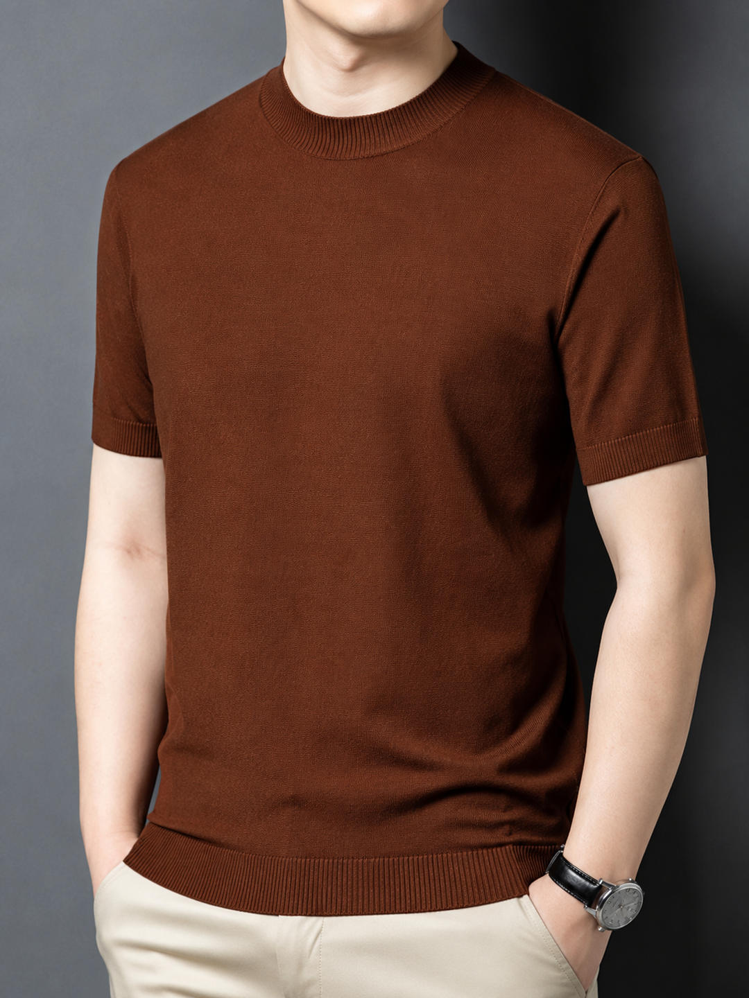 Versatile men's slim fit mock neck tee. Short sleeve design, ideal for casual and everyday fashion.