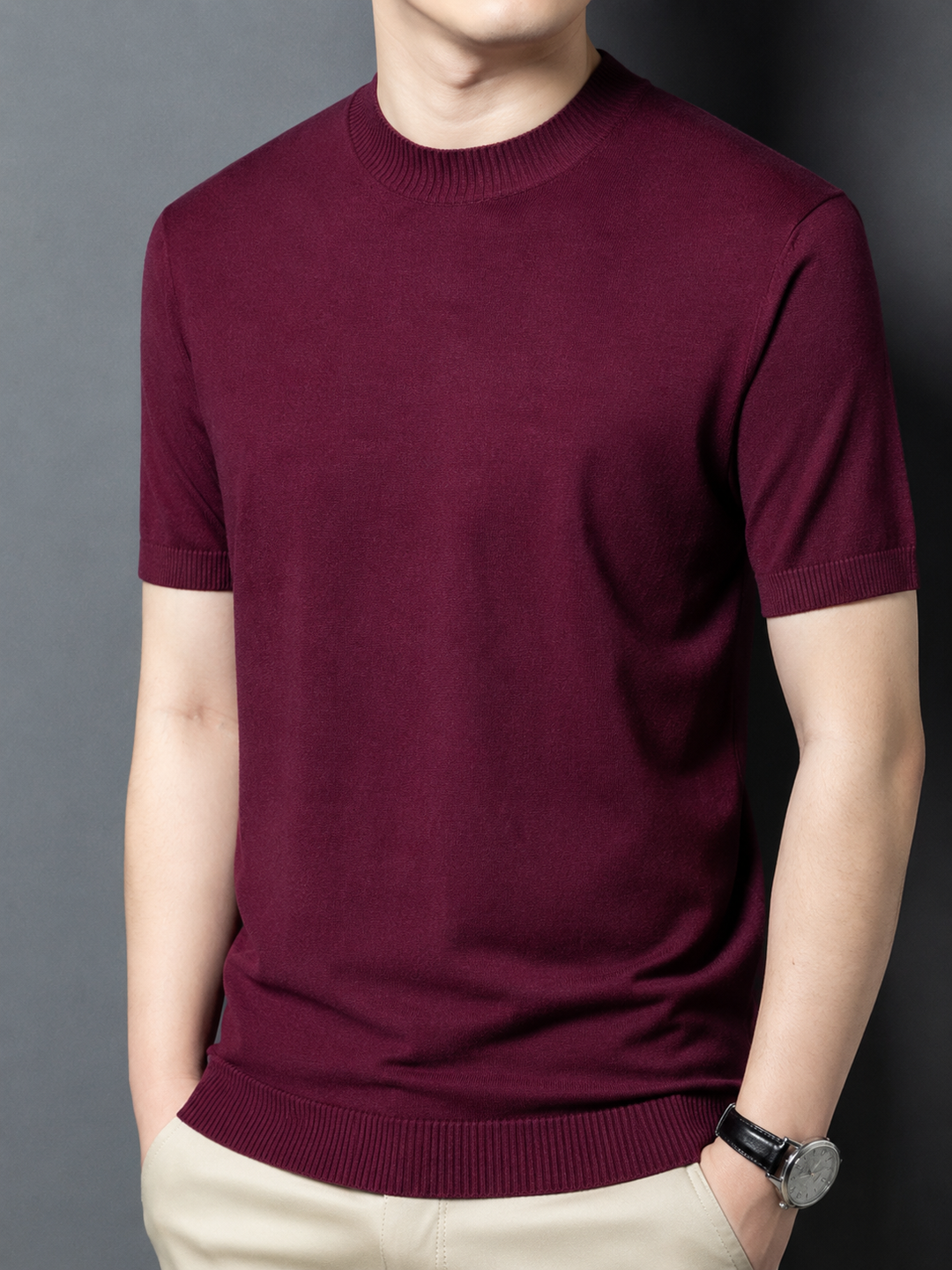 Men's short sleeve mock neck t-shirt, slim fit. A stylish and comfortable casual top.