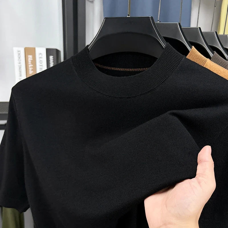 Casual men's summer top: slim fit, short sleeve, mock neck t-shirt. Comfortable for daily wear.