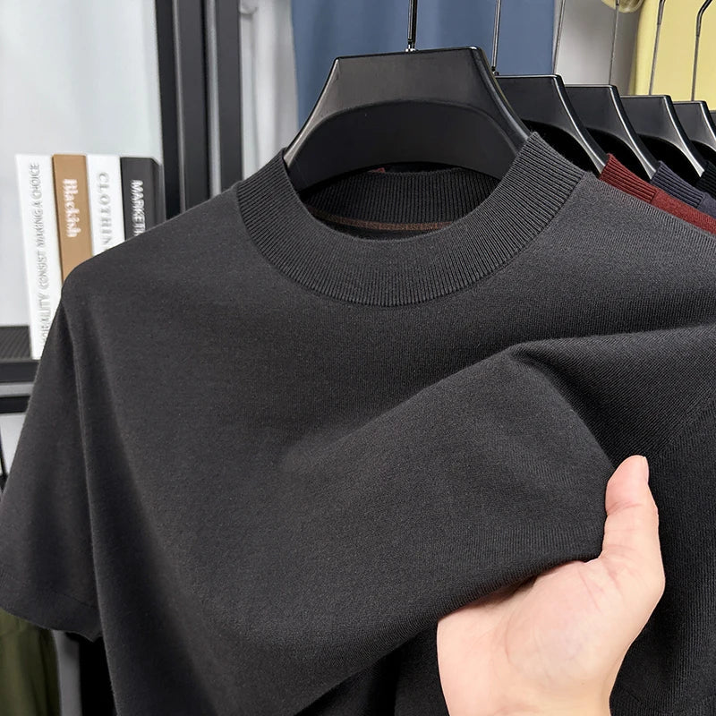 Mens slim fit short sleeve mock neck casual t-shirt for modern everyday comfort.