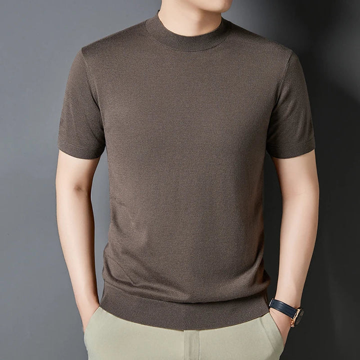 Stylish men's slim fit mock neck tee with short sleeves, perfect for a modern casual look.