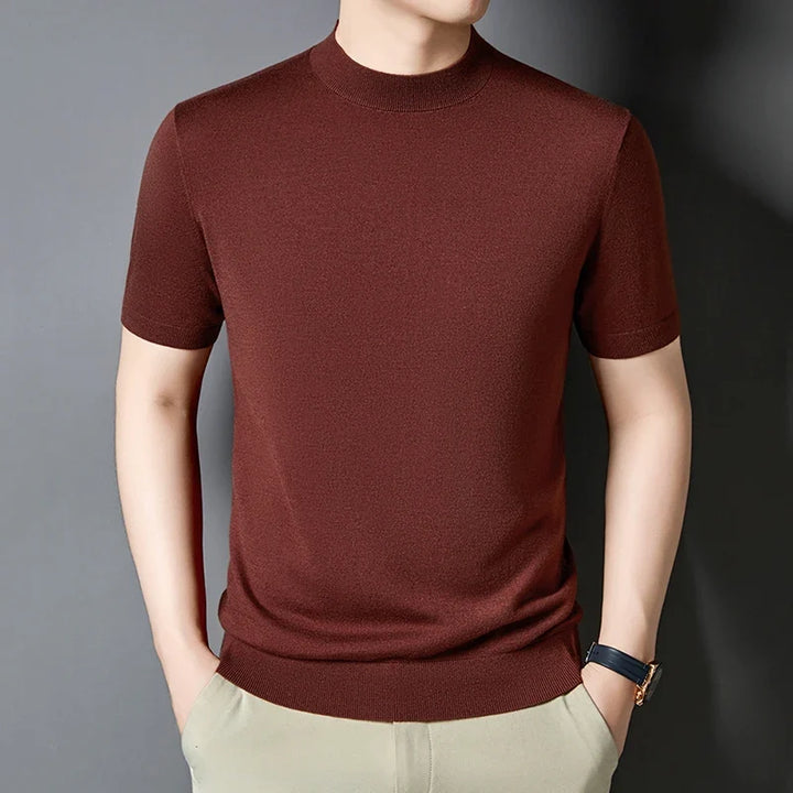Men's summer top: slim fit short sleeve mock neck t-shirt. Ideal for warm weather casual style.