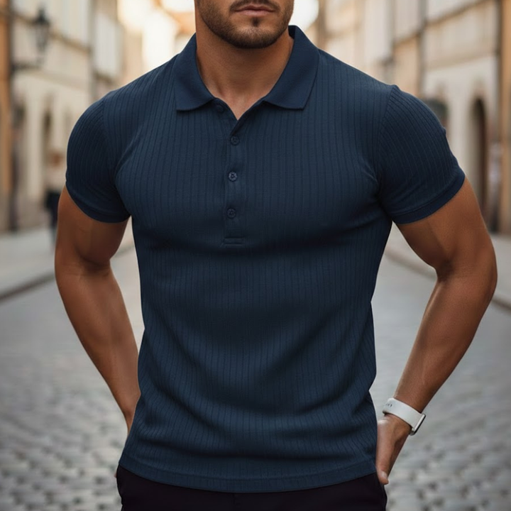 Athletic men's short sleeve polo, slim fit design for active or casual summer fashion.