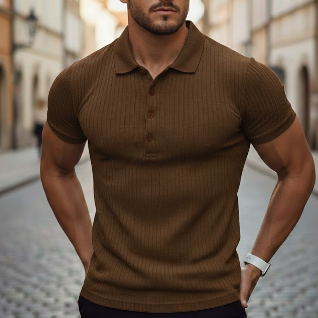 Fashionable men's slim fit short sleeve polo, offering a sleek look for everyday and active wear.