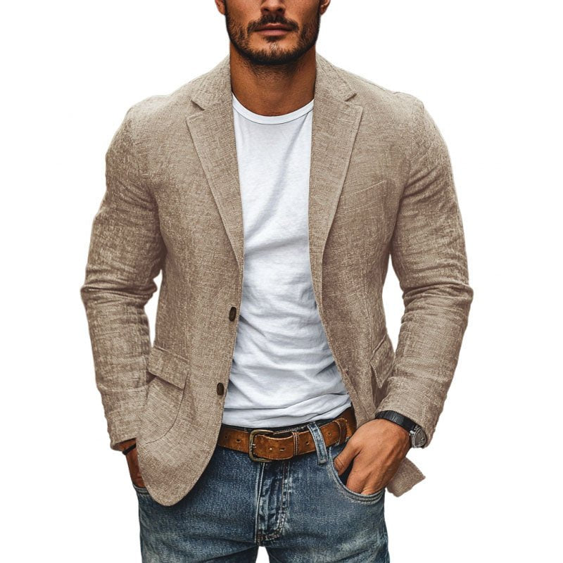Modern men's slim fit blazer, single-breasted design for a sleek, contemporary smart style. Versatile dress jacket.
