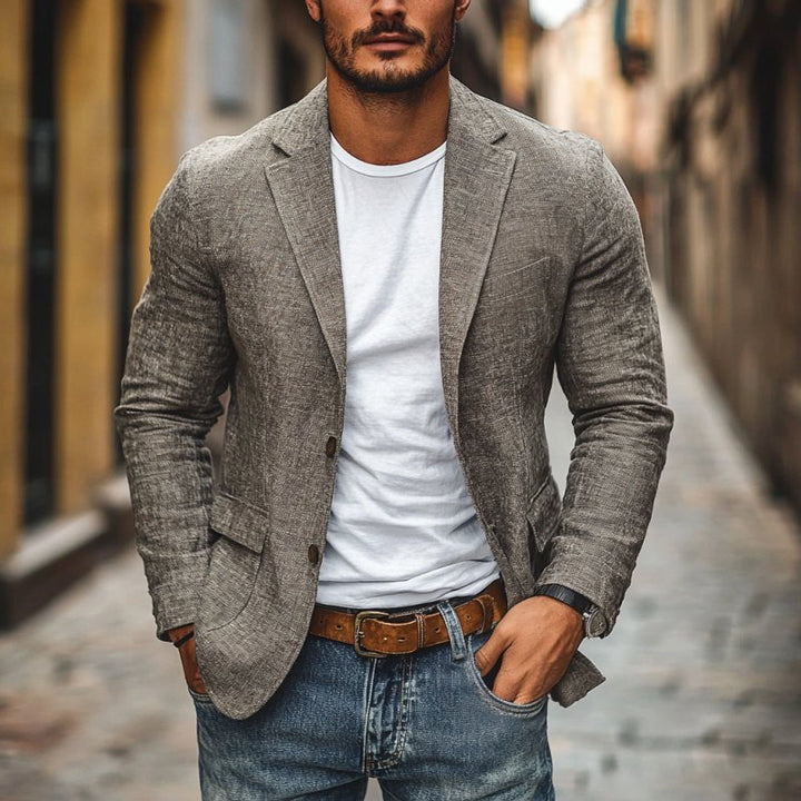 Stylish men's single-breasted blazer, slim fit, offering a modern smart style. Great as a dress jacket or casual layer.