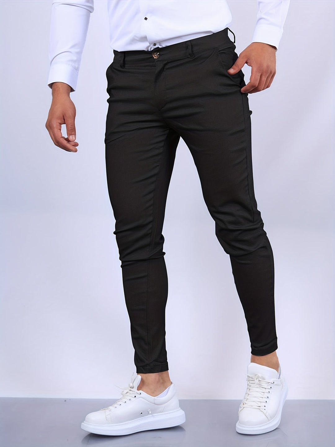 Versatile men's slim fit stretch chinos, essential for everyday and dressier occasions.