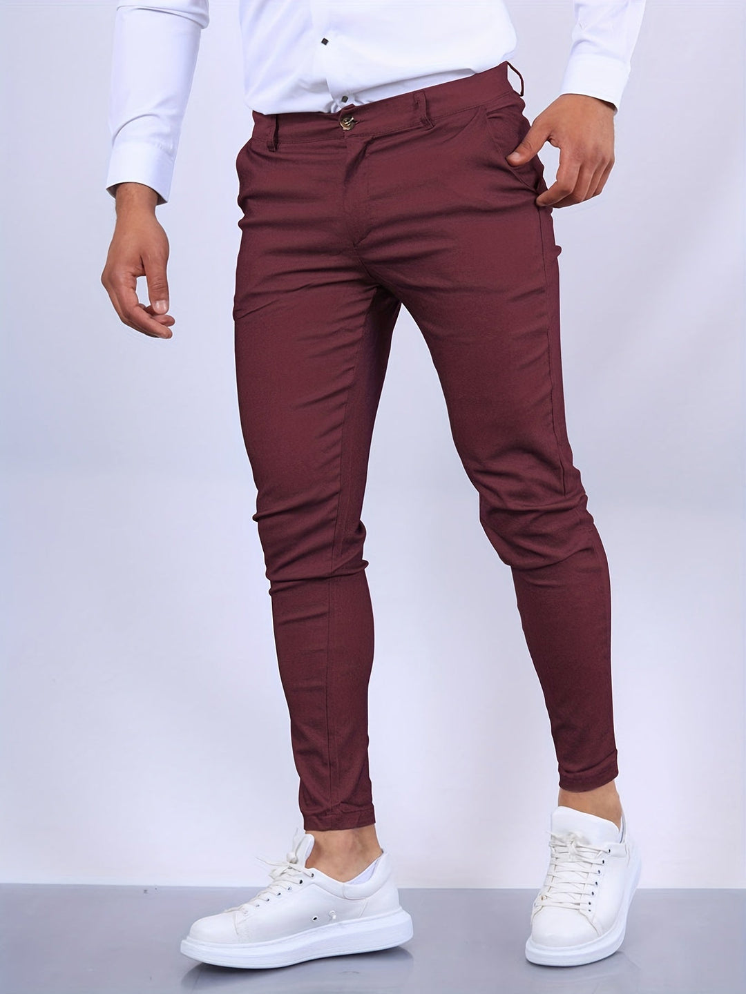 Professional men's work wear slim fit stretch chinos, combining style with practicality.