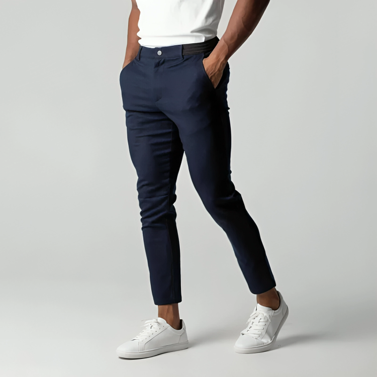 Soft stretch fabric men's slim fit chinos, offering ultimate comfort and flexibility.