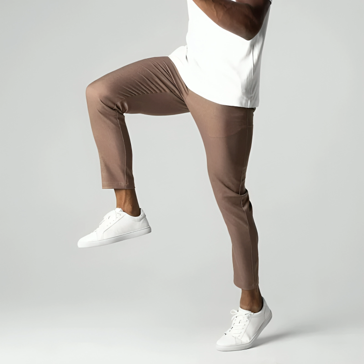 Modern men's slim fit stretch chinos, combining sharp style with flexible, comfortable movement.