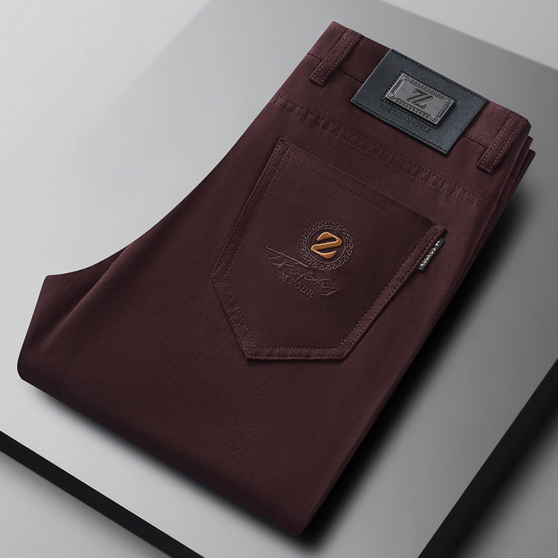 Khaki men's slim fit stretch cotton pants, perfect for a modern, comfortable, and versatile look.