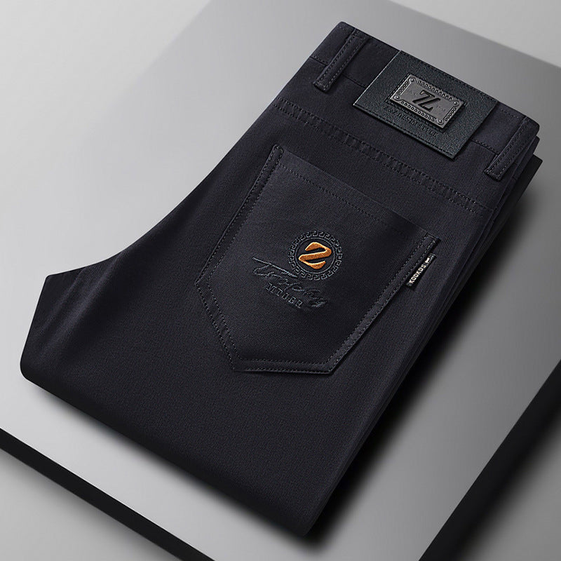 Black slim fit stretch cotton trousers for men, offering ultimate comfort and a sleek, versatile style.