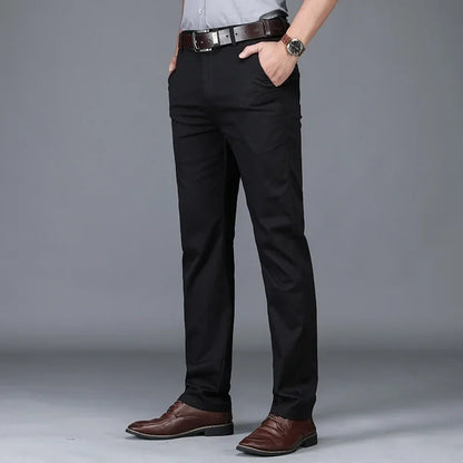 Burgundy men's slim fit casual pants made from comfortable stretch cotton for versatile styling.