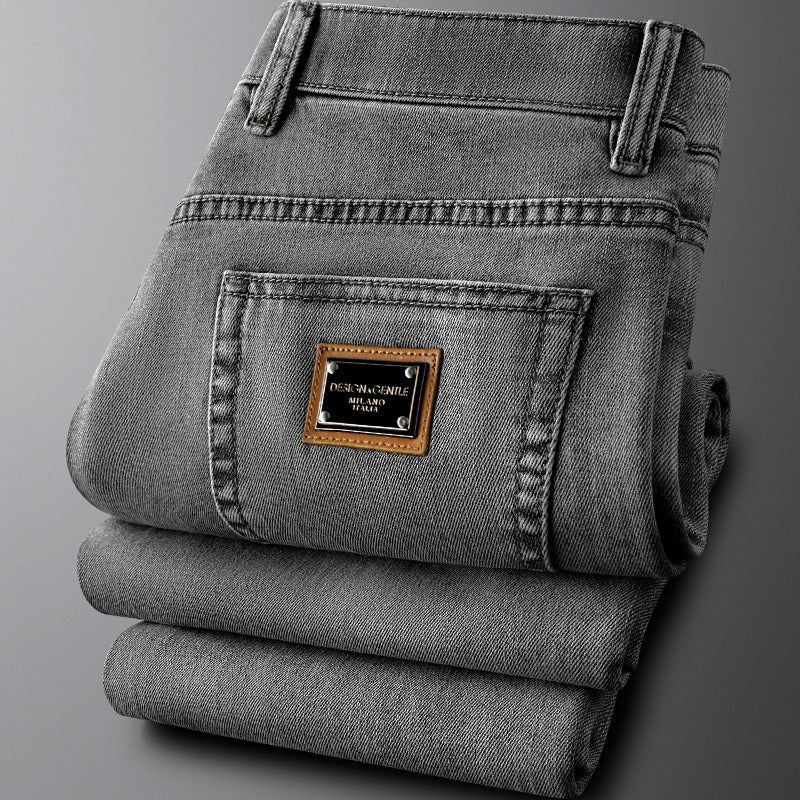 Comfortable men's gray denim jeans, slim fit with stretch for daily wear.