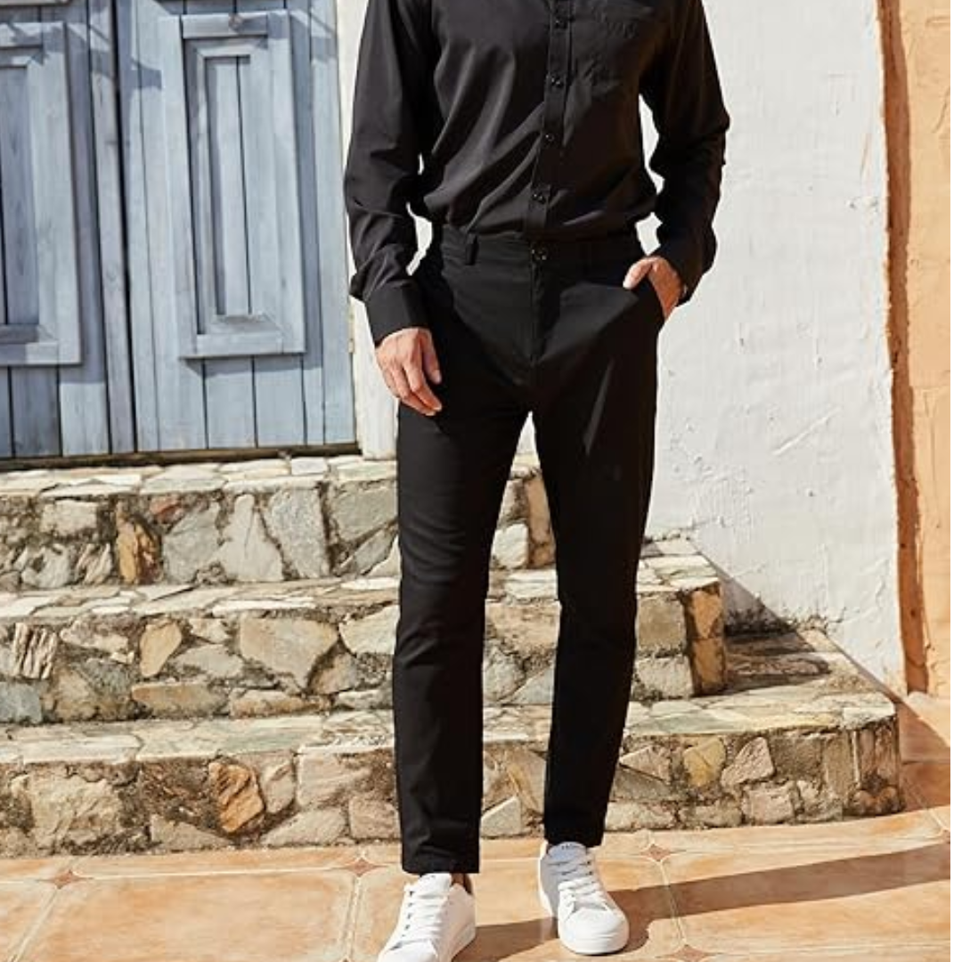 Modern men's fashion: slim fit stretch trousers, a comfortable and versatile staple for your wardrobe.
