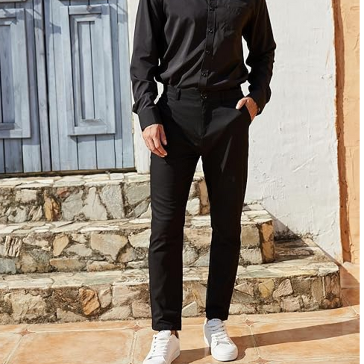 Modern men's fashion: slim fit stretch trousers, a comfortable and versatile staple for your wardrobe.