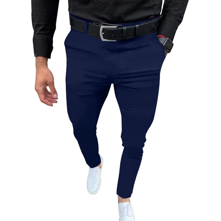 Modern fit men's slim trousers, combining sleek style with flexible stretch fabric for comfort.