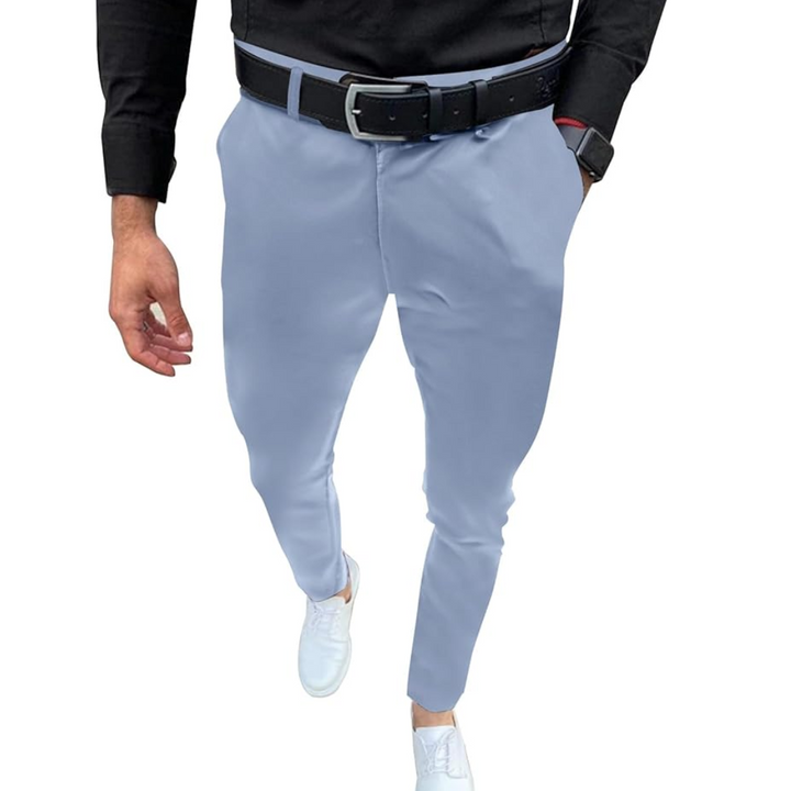 Stylish slim fit men's trousers with stretch fabric, ensuring both a sleek look and comfort.