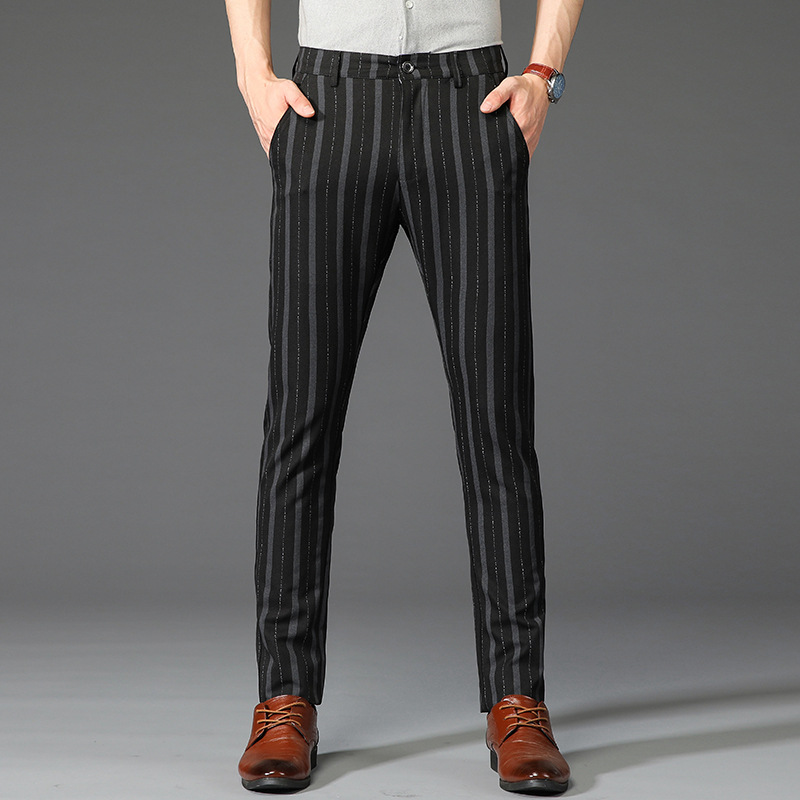 Men's slim fit striped dress trousers for sophisticated office and business casual wear.
