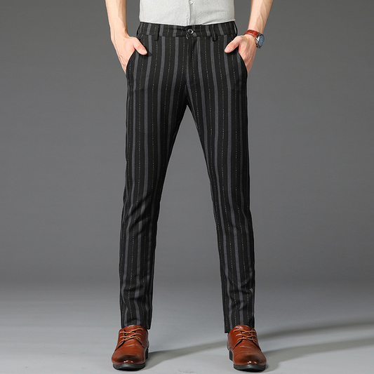Men's slim fit striped dress trousers for sophisticated office and business casual wear.