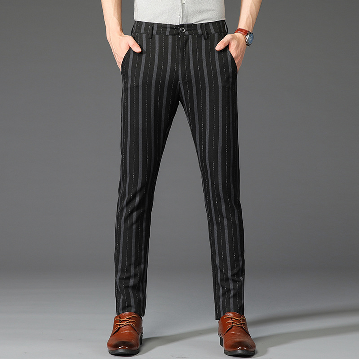 Men's slim fit striped dress trousers for sophisticated office and business casual wear.