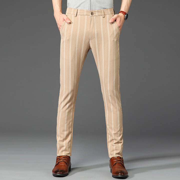 Versatile men's striped dress trousers, great for formal events, office or smart casual outfits.