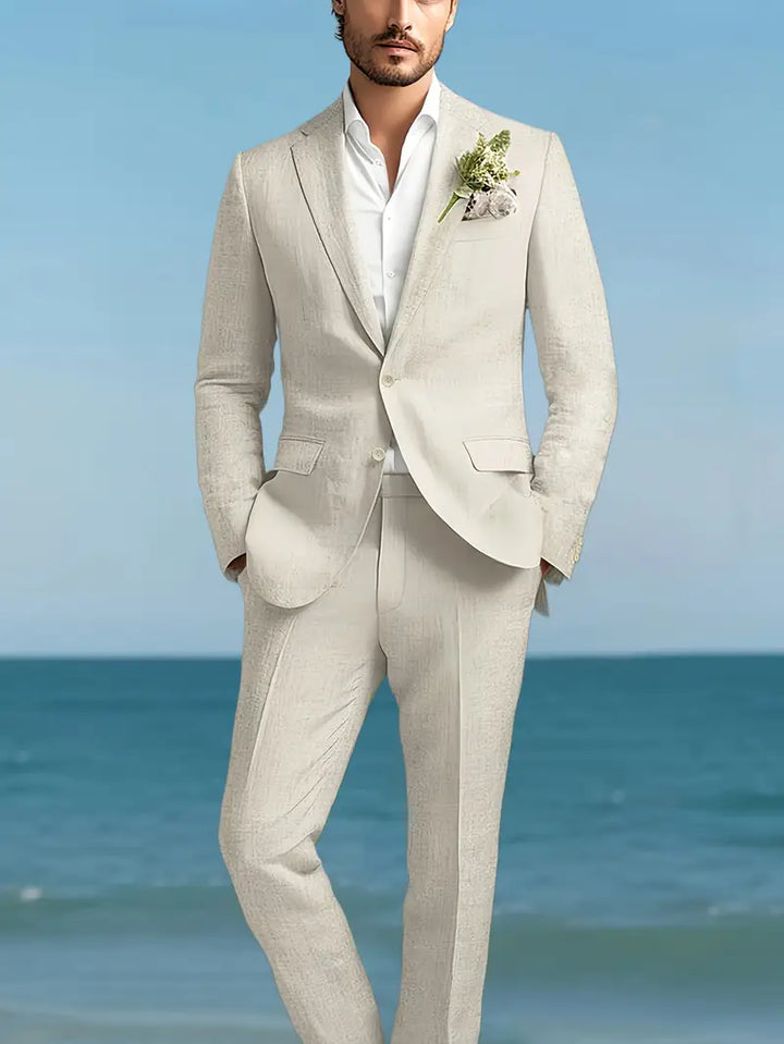 Men's slim fit suit set, two-piece blazer & trousers. Ideal for formal events, business, & weddings.