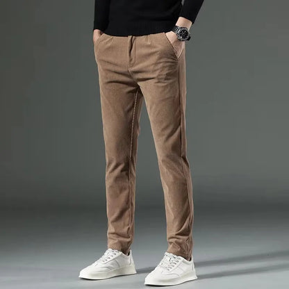 Wrinkle-resistant men's slim fit tailored pants, perfect for a smart, modern & comfortable style.