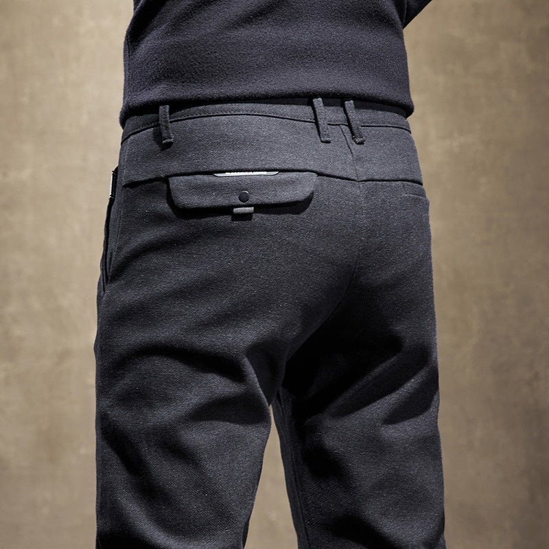 Wrinkle-resistant men's slim fit tailored pants, offering modern comfort & a sleek, polished look.