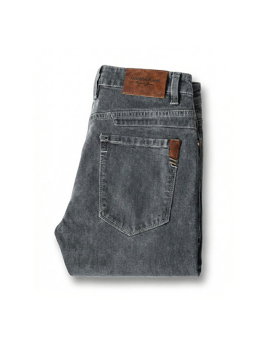 Men's slim-fit tapered blue jeans. Comfortable stretch denim for casual everyday style.