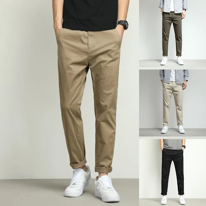 Elegant men's slim-fit travel pants, stretch fabric for ultimate comfort.