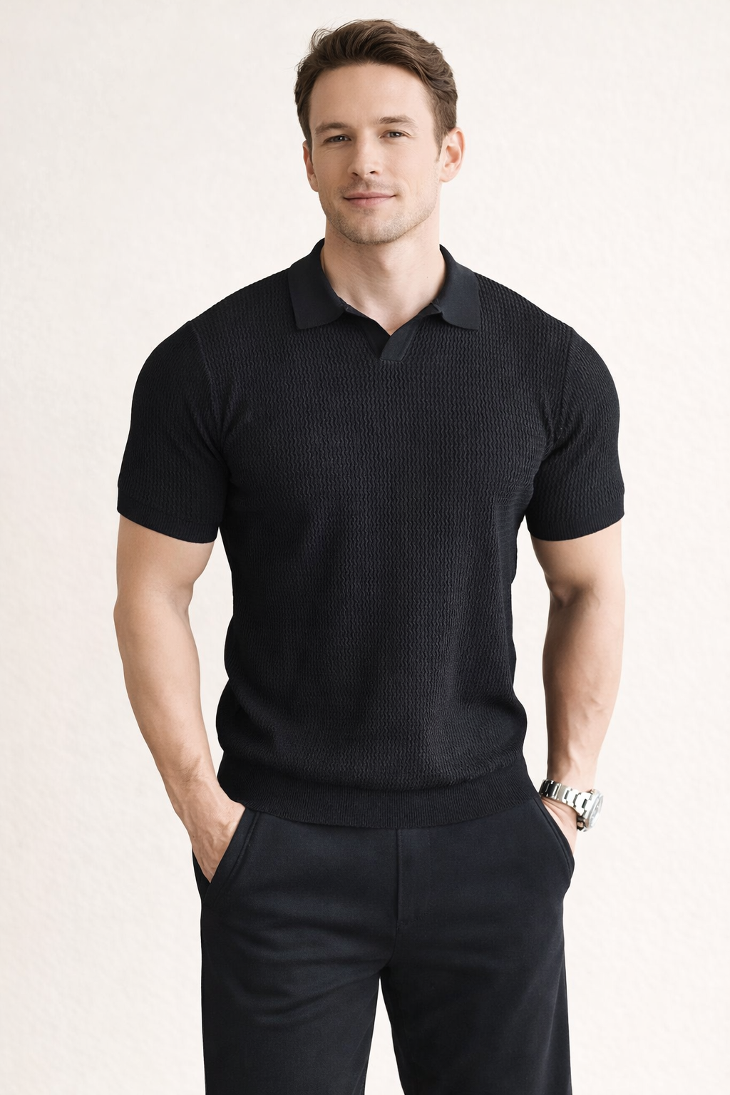 Men's slim fit textured polo shirt, short sleeve, ideal for casual wear & daily style. Modern men's fashion top.