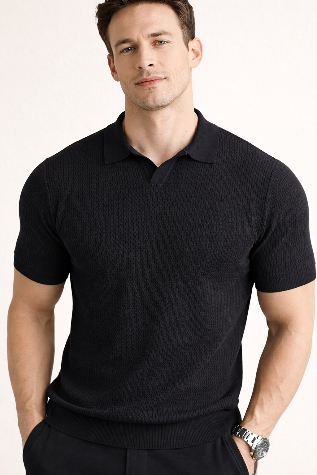 Close-up of the unique textured fabric on a men's slim fit short sleeve polo shirt. Stylish casual wear detail.