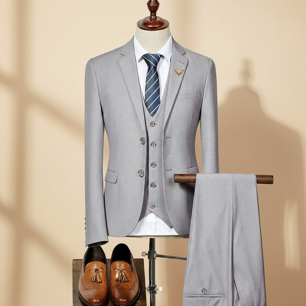 Men's slim fit three-piece suit in dark grey, perfect for formal events, weddings, and business.