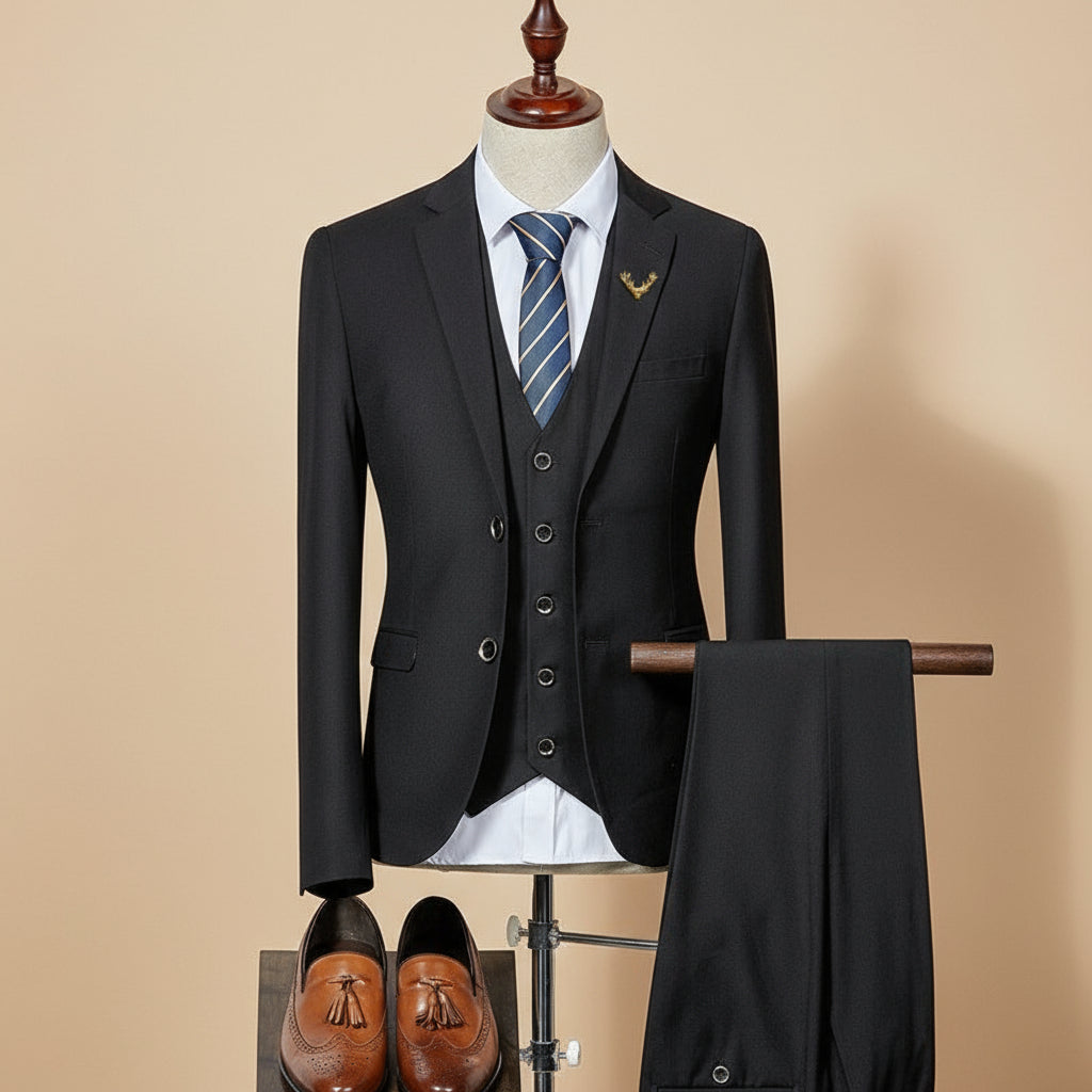 Elegant men's three-piece suit, slim fit formal wear for weddings, business, and special events.