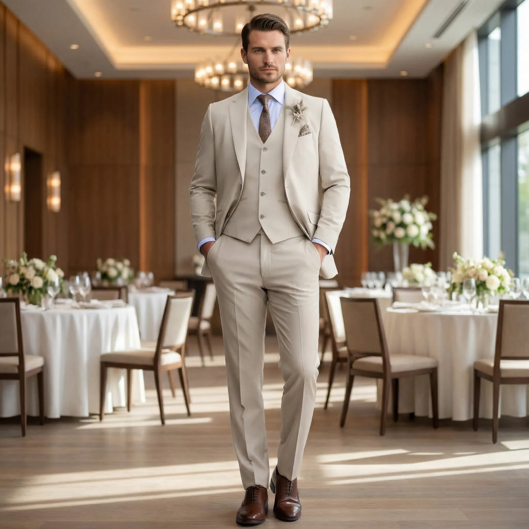 Men's slim fit three-piece suit, modern elegant design perfect for formal occasions, business, and parties.