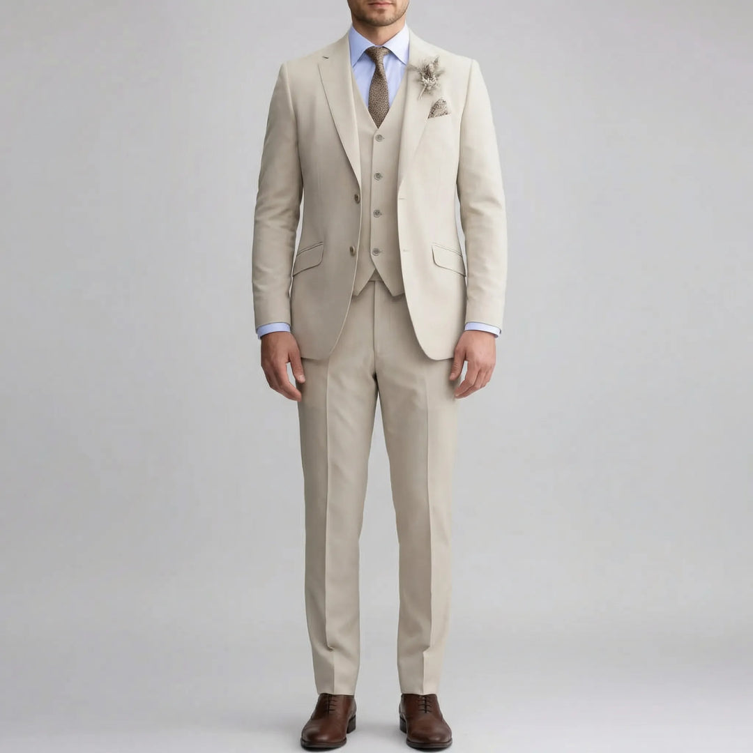 Sophisticated men's slim fit three-piece wedding suit, ideal for grooms, guests, and special formal events.