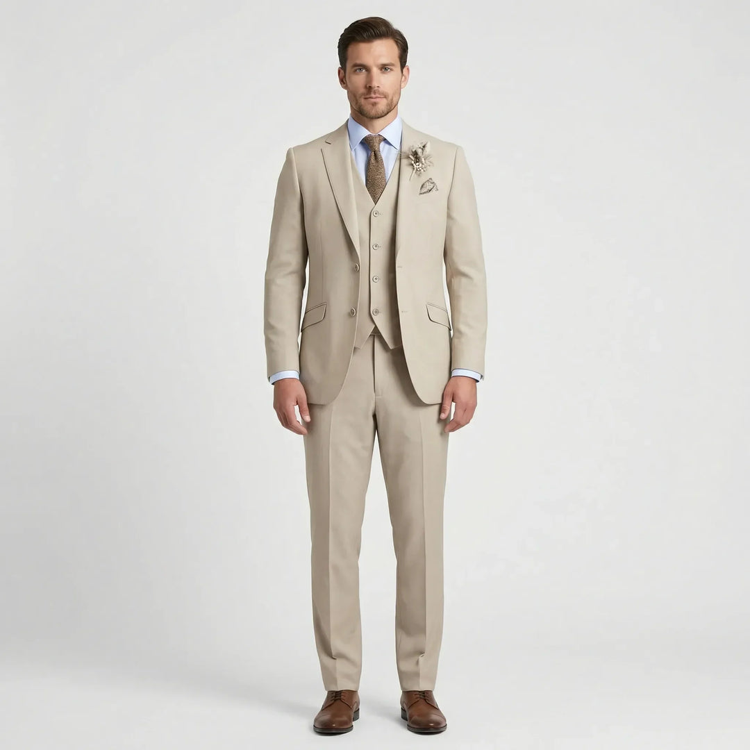 Modern men's slim fit formal suit, featuring a three-piece design for a sharp, sophisticated, and elegant silhouette.