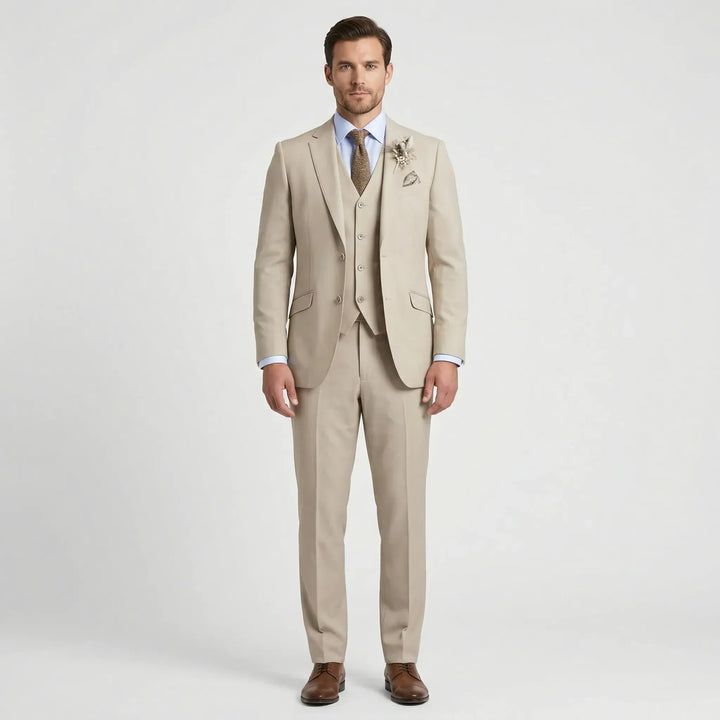 Modern men's slim fit formal suit, featuring a three-piece design for a sharp, sophisticated, and elegant silhouette.
