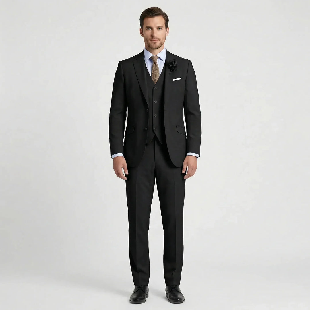 Stylish Alessio men's three-piece suit. Slim fit blazer, vest, and trousers, perfect for any formal occasion or gala.