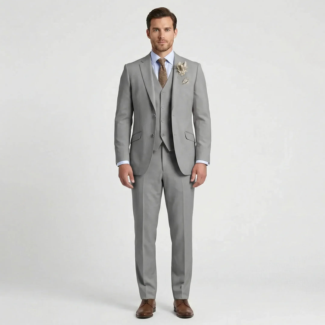 Formal men's slim fit suit. A versatile three-piece outfit for business meetings, weddings, and elegant evening wear.